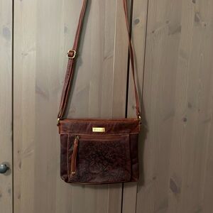 Valenchi Leather Crossbody with Embossed Floral Panel